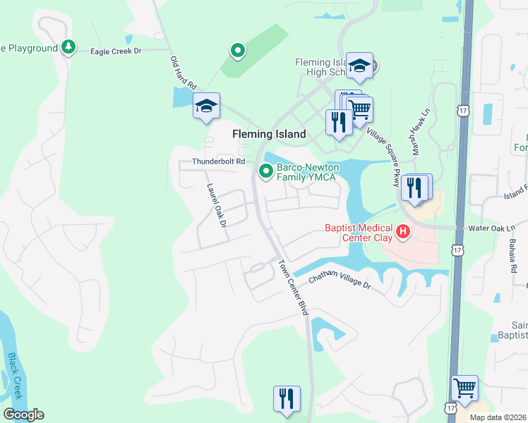 map of restaurants, bars, coffee shops, grocery stores, and more near 5505 Woodland View Drive in Fleming Island