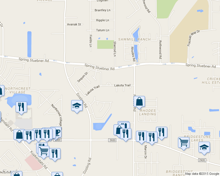 map of restaurants, bars, coffee shops, grocery stores, and more near 5303 Lakota Trail in Spring