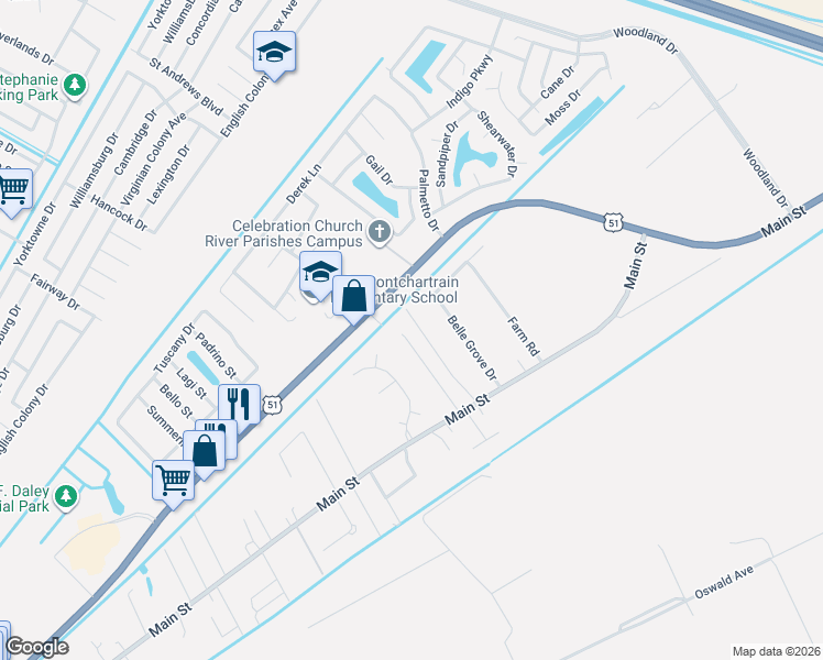 map of restaurants, bars, coffee shops, grocery stores, and more near 140 Robichaux Drive in LaPlace
