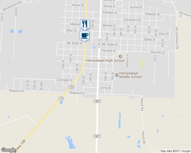 map of restaurants, bars, coffee shops, grocery stores, and more near 2605 11th Street in Hempstead