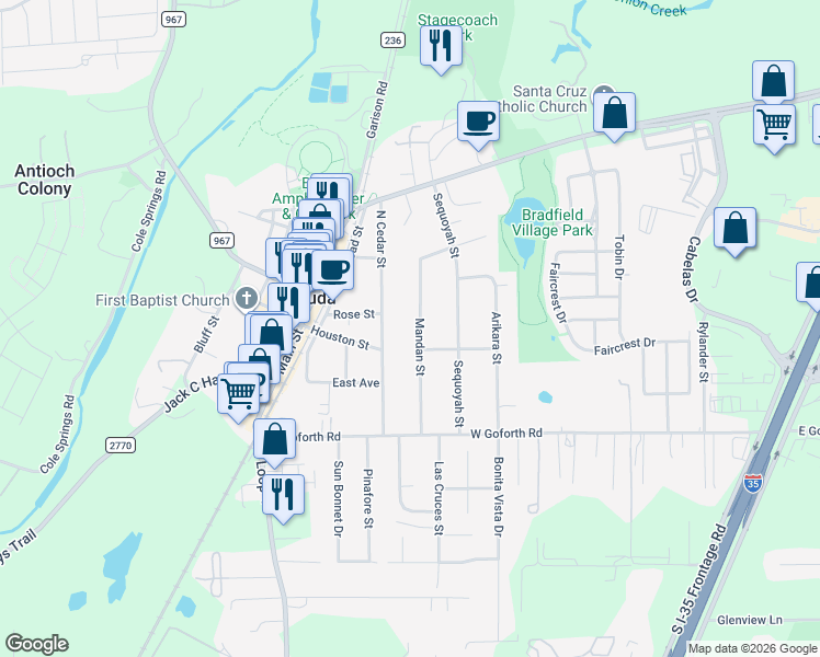 map of restaurants, bars, coffee shops, grocery stores, and more near 106 Mandan Street in Buda