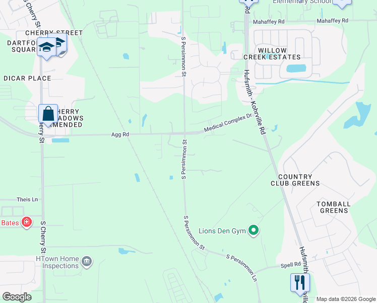 map of restaurants, bars, coffee shops, grocery stores, and more near 1515 South Persimmon Street in Tomball