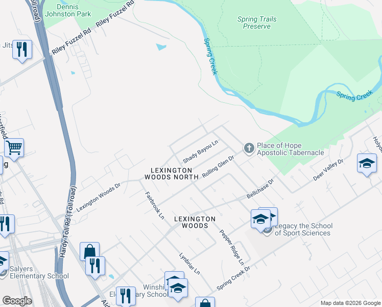 map of restaurants, bars, coffee shops, grocery stores, and more near 2503 Shady Bayou Lane in Spring