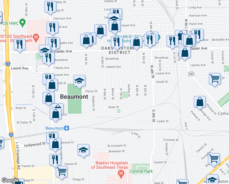 map of restaurants, bars, coffee shops, grocery stores, and more near 41 North 7th Street in Beaumont