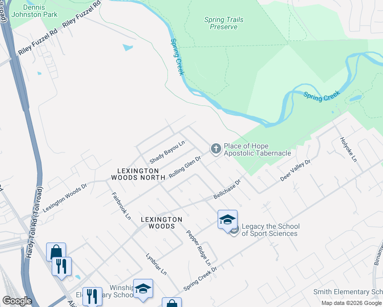 map of restaurants, bars, coffee shops, grocery stores, and more near 2703 Knollbrook Lane in Spring