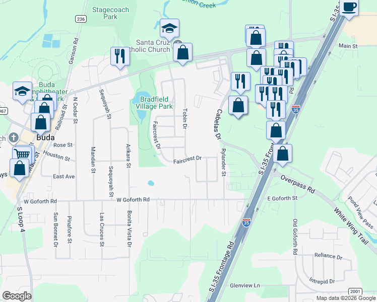 map of restaurants, bars, coffee shops, grocery stores, and more near 781 Faircrest Drive in Buda