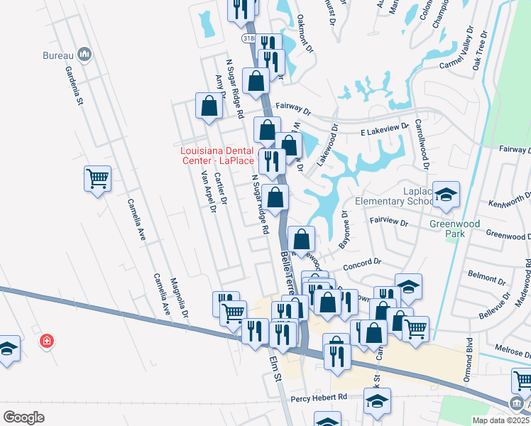 map of restaurants, bars, coffee shops, grocery stores, and more near 325 Belle Terre Boulevard in LaPlace