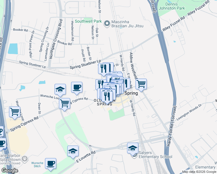 map of restaurants, bars, coffee shops, grocery stores, and more near 26618 Prairie Street in Spring