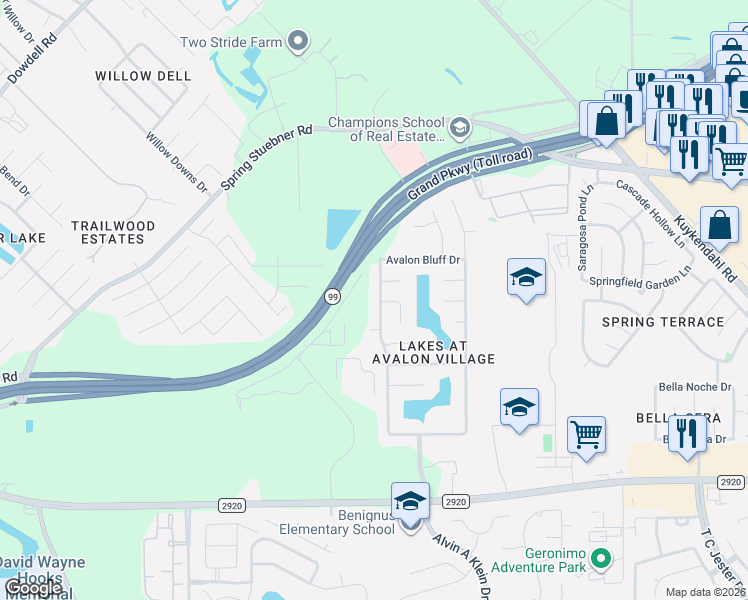map of restaurants, bars, coffee shops, grocery stores, and more near 7218 Kerrigan Court in Spring