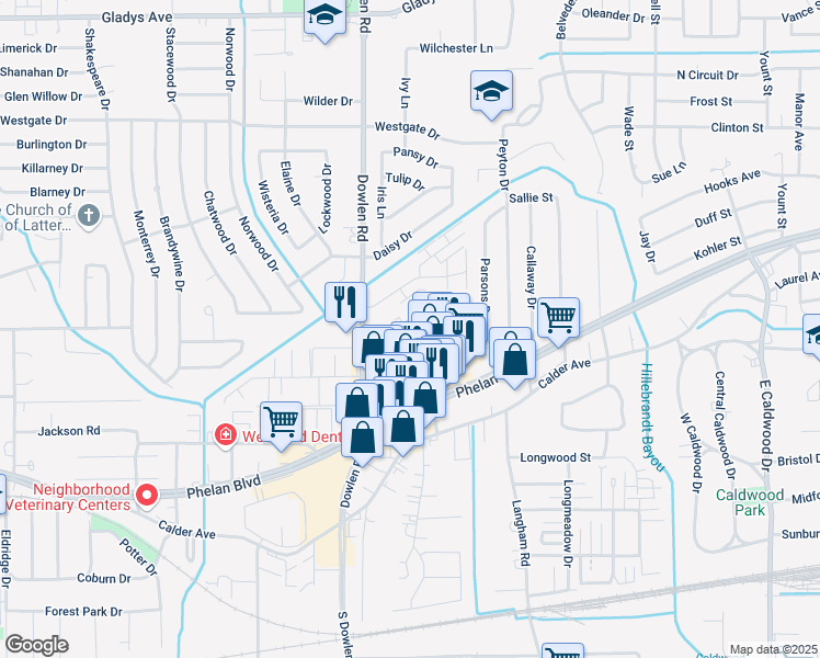 map of restaurants, bars, coffee shops, grocery stores, and more near 520 Dowlen Road in Beaumont