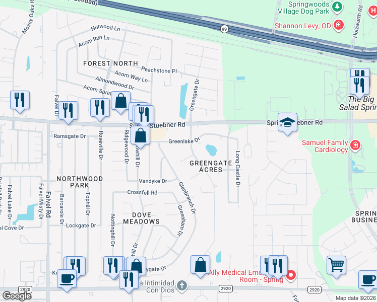 map of restaurants, bars, coffee shops, grocery stores, and more near 21811 Greengate Drive in Spring