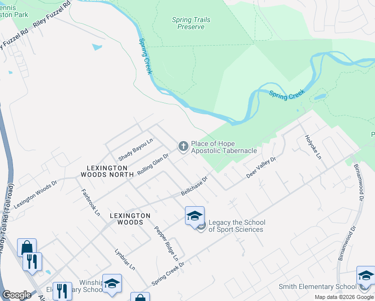 map of restaurants, bars, coffee shops, grocery stores, and more near 2826 Rolling Glen Drive in Spring