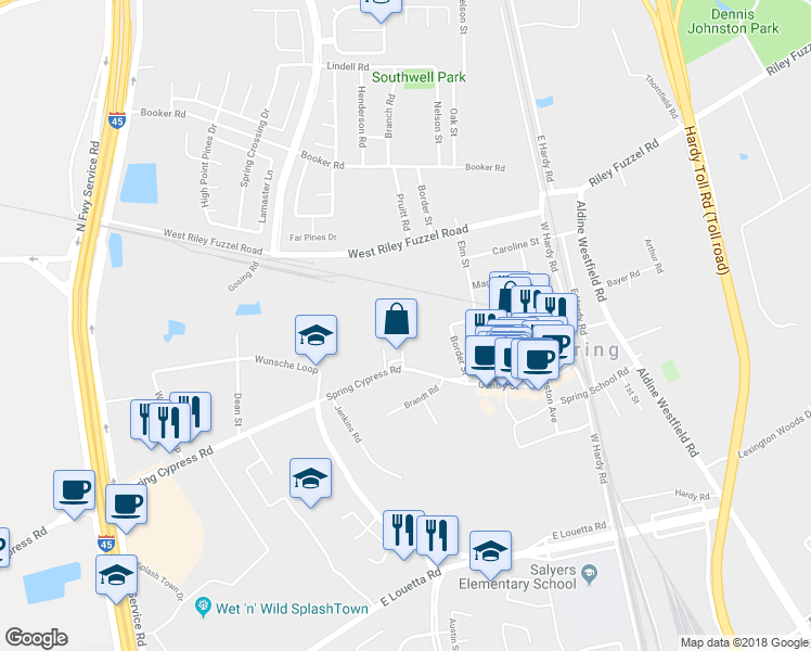 map of restaurants, bars, coffee shops, grocery stores, and more near 616 Spring Cypress Road in Spring