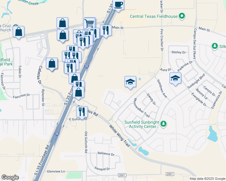 map of restaurants, bars, coffee shops, grocery stores, and more near 1165 Fire Cracker Drive in Buda
