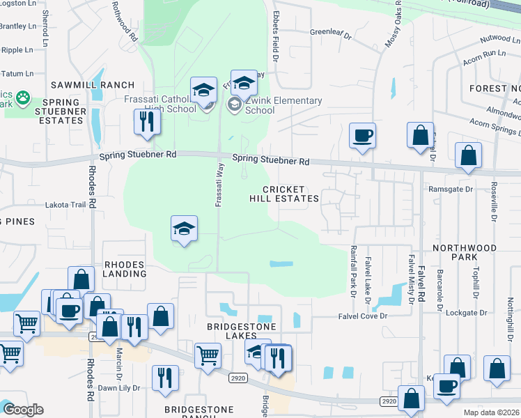 map of restaurants, bars, coffee shops, grocery stores, and more near 21907-21983 Cricket Drive in Spring