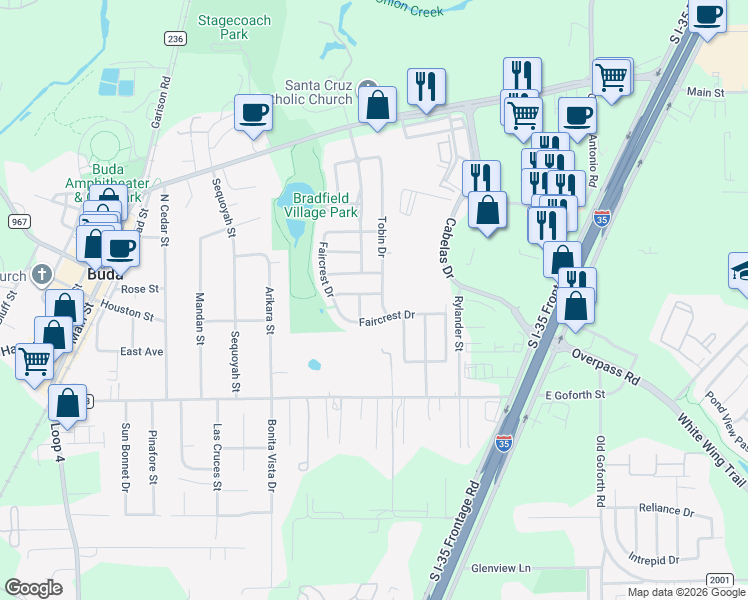 map of restaurants, bars, coffee shops, grocery stores, and more near 600 Rockhurst Street in Buda