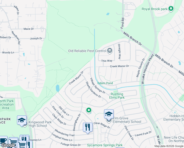 map of restaurants, bars, coffee shops, grocery stores, and more near 5410 Village Springs Drive in Humble