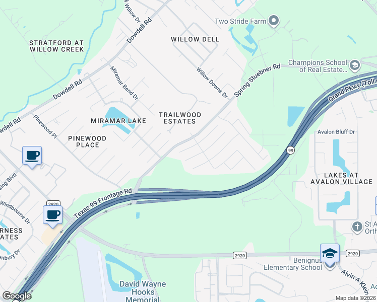 map of restaurants, bars, coffee shops, grocery stores, and more near 8315 Rudy Brook Way in Spring