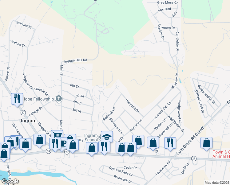 map of restaurants, bars, coffee shops, grocery stores, and more near 136 Holly Hill Drive in Ingram