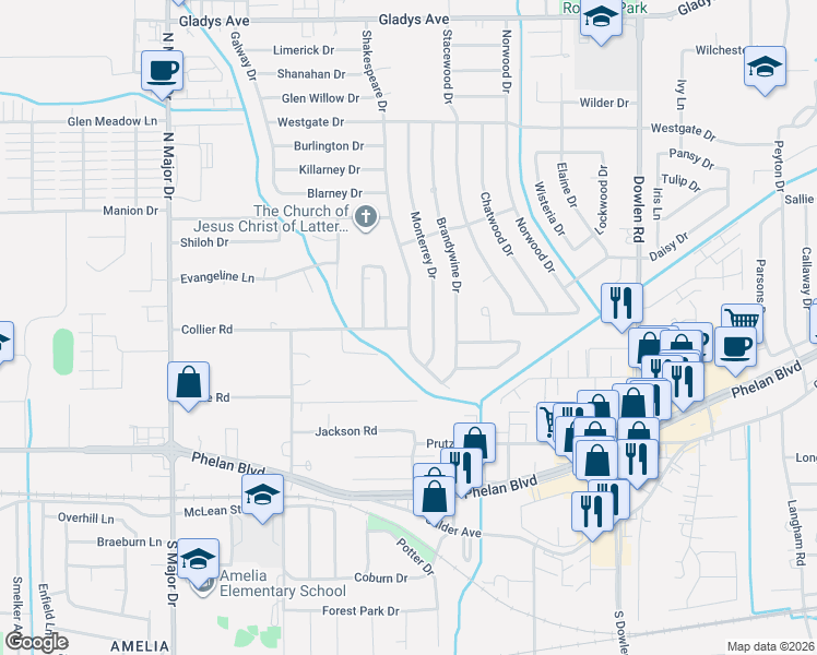 map of restaurants, bars, coffee shops, grocery stores, and more near 4630 Collier Road in Beaumont