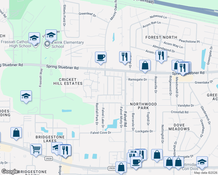 map of restaurants, bars, coffee shops, grocery stores, and more near 21806 Morgan Park Lane in Spring