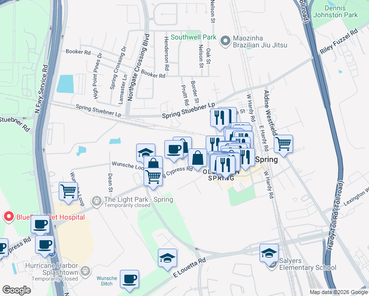 map of restaurants, bars, coffee shops, grocery stores, and more near 616 Spring Cypress Road in Spring