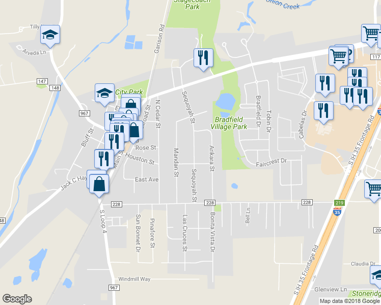 map of restaurants, bars, coffee shops, grocery stores, and more near 104 Sequoyah Street in Buda