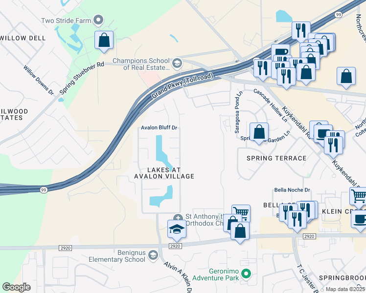 map of restaurants, bars, coffee shops, grocery stores, and more near 21726 Avalon Queen Drive in Spring