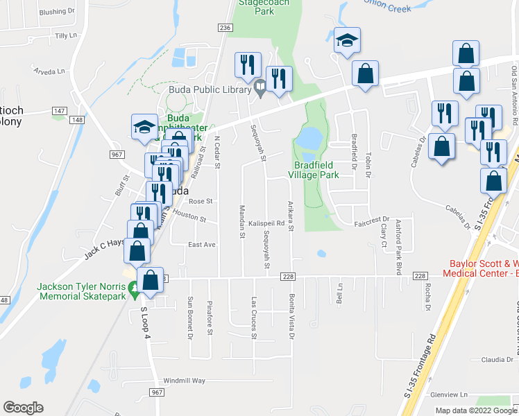 map of restaurants, bars, coffee shops, grocery stores, and more near 104 Sequoyah Street in Buda
