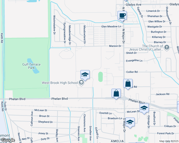 map of restaurants, bars, coffee shops, grocery stores, and more near 8750 Phelan Boulevard in Beaumont