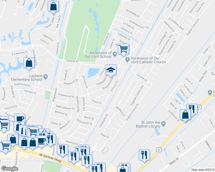 map of restaurants, bars, coffee shops, grocery stores, and more near 581 Greenwood Drive in LaPlace