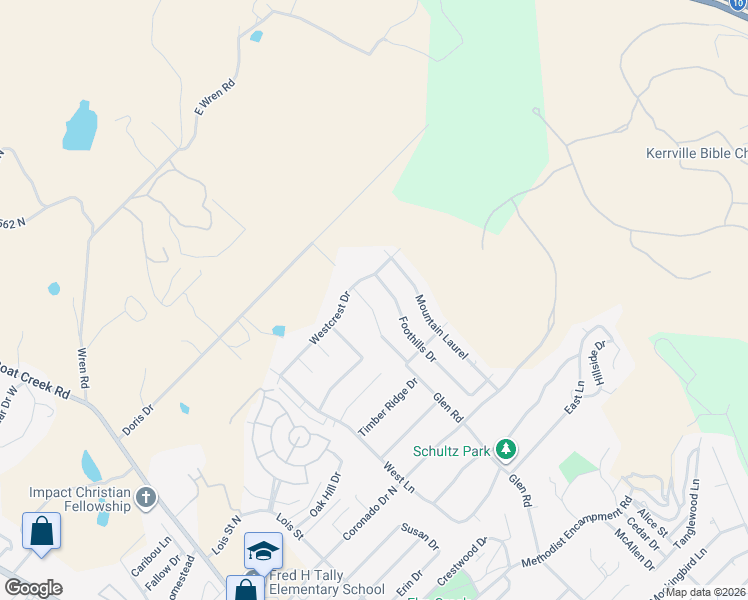map of restaurants, bars, coffee shops, grocery stores, and more near 2126 Bluff Ridge Drive in Kerrville