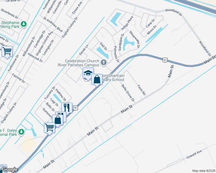 map of restaurants, bars, coffee shops, grocery stores, and more near 3329 New Highway 51 in LaPlace
