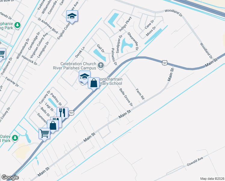 map of restaurants, bars, coffee shops, grocery stores, and more near 140 Robichaux Drive in LaPlace