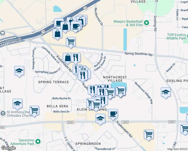 map of restaurants, bars, coffee shops, grocery stores, and more near 6214 Menor Crest Drive in Spring
