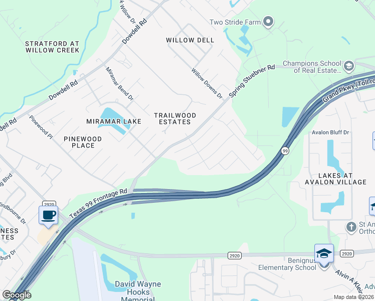 map of restaurants, bars, coffee shops, grocery stores, and more near 8315 Rudy Brook Way in Spring
