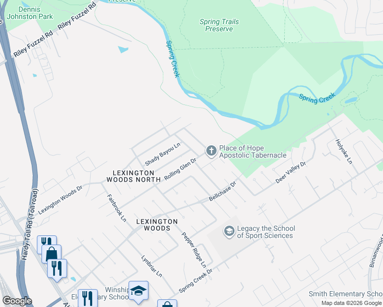 map of restaurants, bars, coffee shops, grocery stores, and more near 2718 Knollbrook Lane in Spring