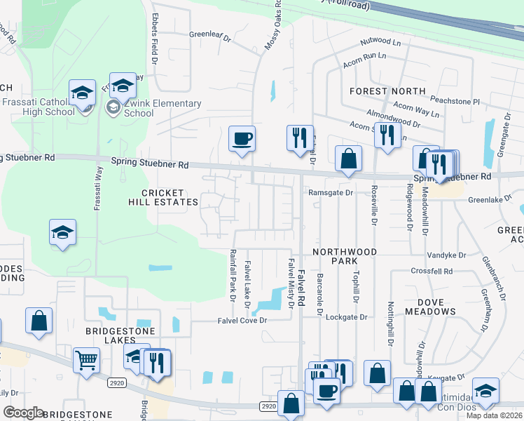 map of restaurants, bars, coffee shops, grocery stores, and more near 21806 Morgan Park Lane in Spring