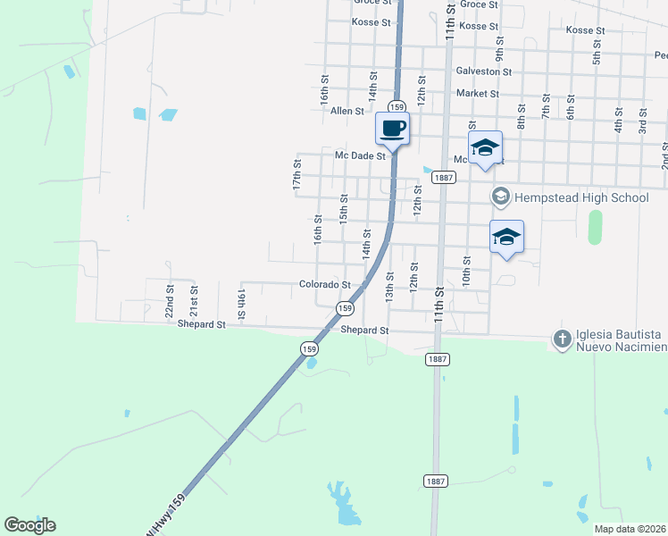 map of restaurants, bars, coffee shops, grocery stores, and more near 1515 Hutchins Street in Hempstead