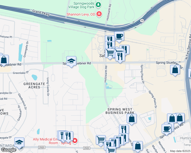 map of restaurants, bars, coffee shops, grocery stores, and more near 2311 Spring Stuebner Road in Spring