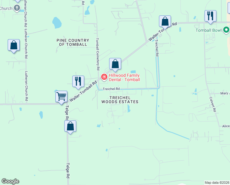 map of restaurants, bars, coffee shops, grocery stores, and more near 15629 Treichel Road in Tomball
