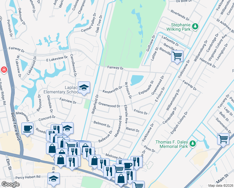map of restaurants, bars, coffee shops, grocery stores, and more near 1708 Madewood Road in LaPlace