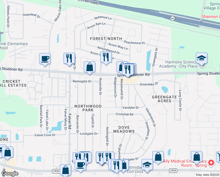 map of restaurants, bars, coffee shops, grocery stores, and more near 3410 Crystal Dove Drive in Spring