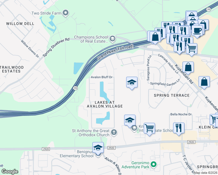map of restaurants, bars, coffee shops, grocery stores, and more near 7114 Dekadine Court in Spring