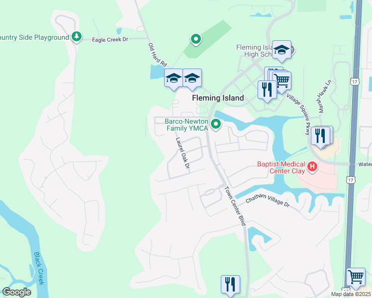 map of restaurants, bars, coffee shops, grocery stores, and more near 1438 Woodland View Drive in Orange Park