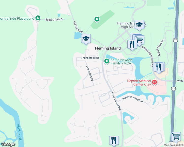 map of restaurants, bars, coffee shops, grocery stores, and more near 1448 Greenway Place in Orange Park