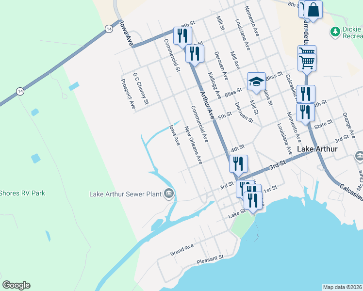 map of restaurants, bars, coffee shops, grocery stores, and more near 416-498 Iowa Avenue in Lake Arthur