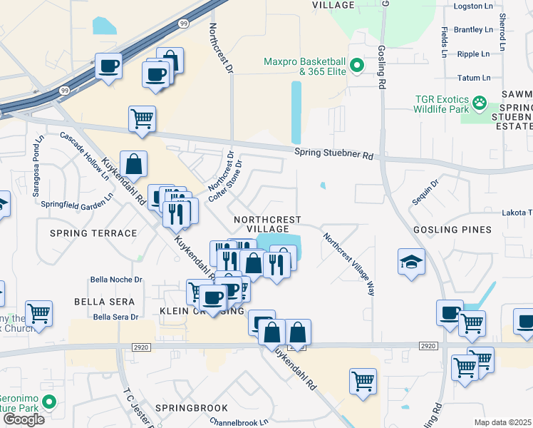 map of restaurants, bars, coffee shops, grocery stores, and more near 21806 Glade Canyon Court in Spring