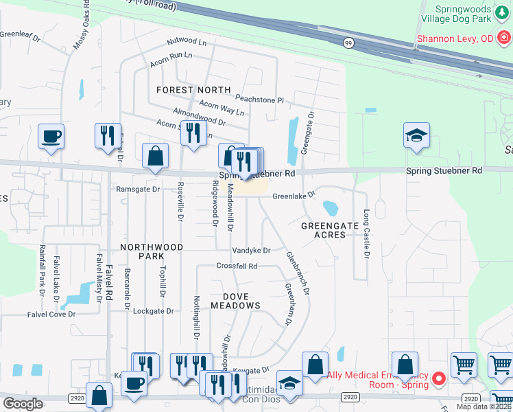 map of restaurants, bars, coffee shops, grocery stores, and more near 21811 Glenbranch Drive in Spring