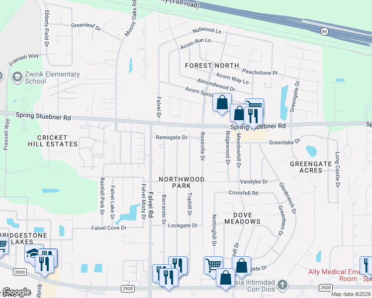 map of restaurants, bars, coffee shops, grocery stores, and more near 21819 Tophill Drive in Spring